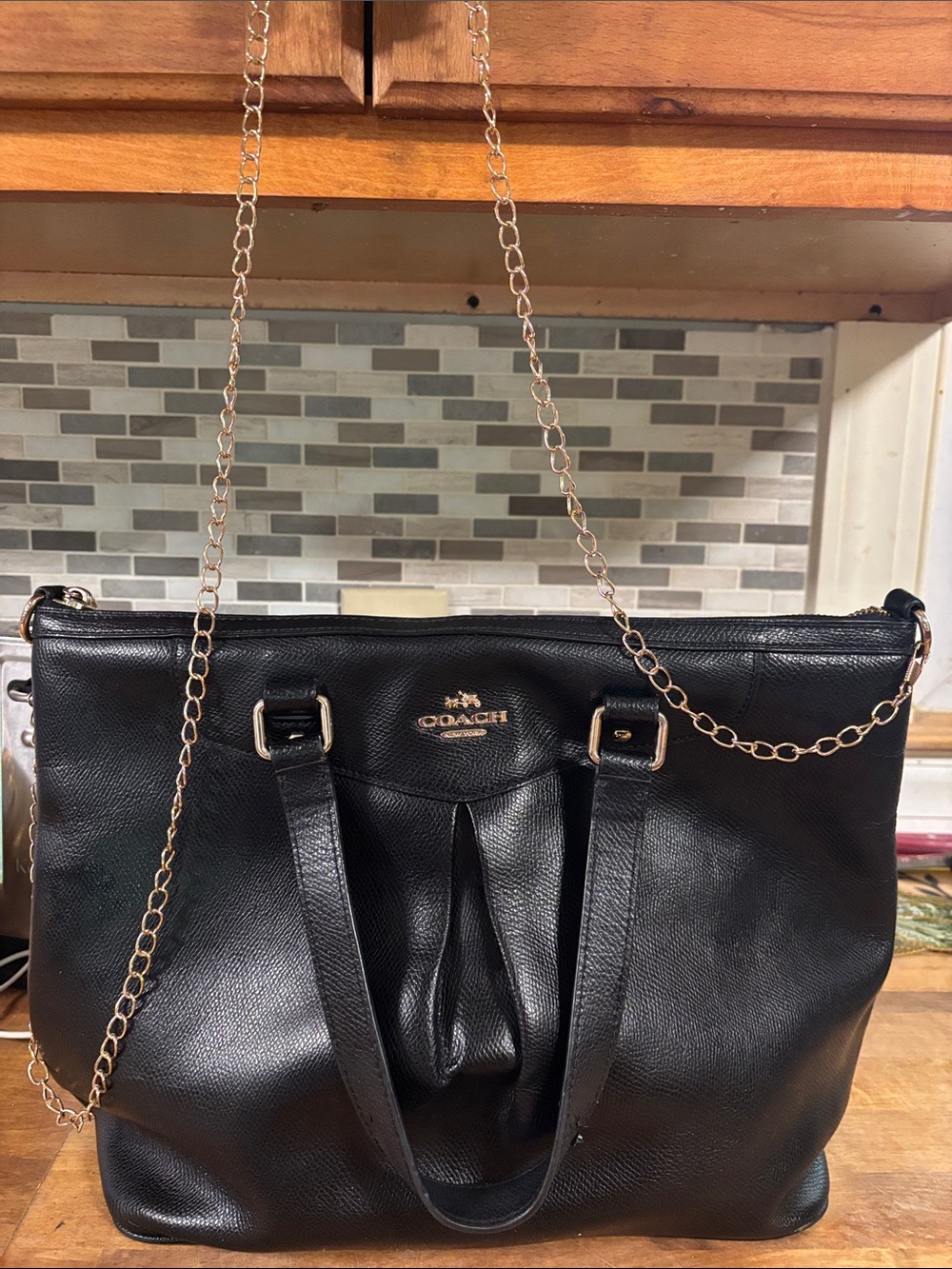Coach Black Leather Tote with Gold Chain Detail